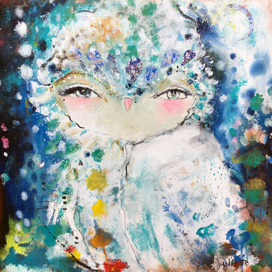 A colorful, abstract painting of an owl with large, expressive eyes, surrounded by vibrant blue, white, and multicolored splashes and patterns.