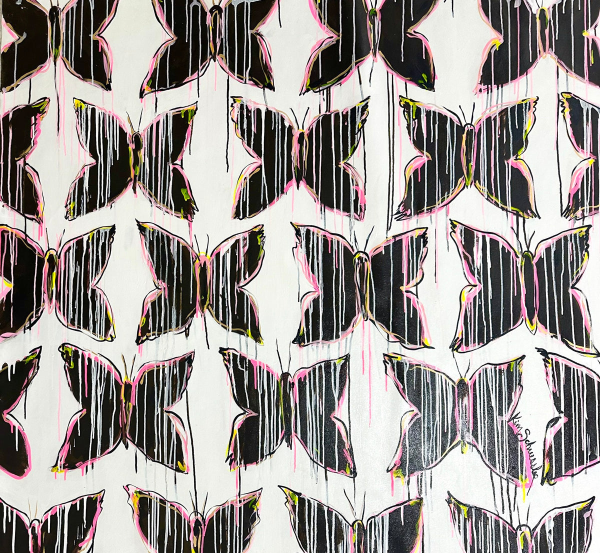 A pattern of black butterflies with pink and yellow accents on a white background. Dripping paint effects add texture to the design.