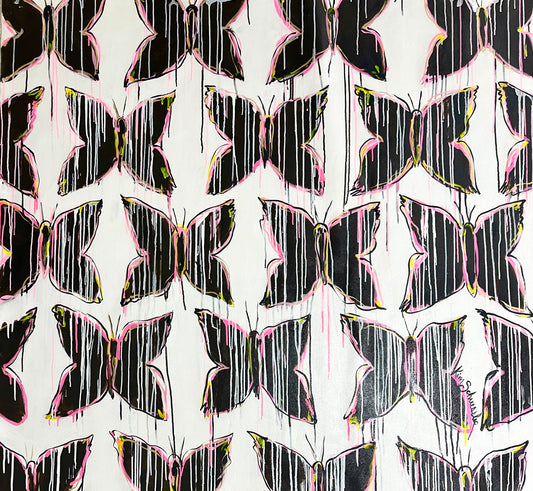 A pattern of black butterflies with pink and yellow accents on a white background. Dripping paint effects add texture to the design.