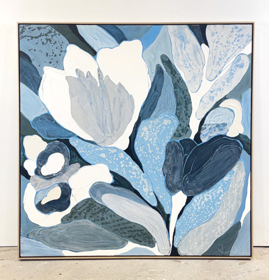 Abstract painting of overlapping blue, white, and gray leaf shapes with bold outlines.