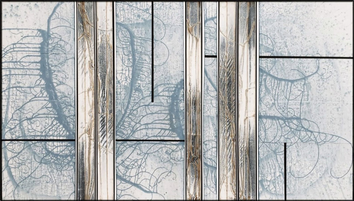 Abstract artwork featuring vertical panels with intersecting black lines and blue swirling, organic patterns on a pale background, accented by thin tan streaks.