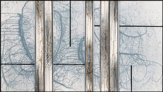 Abstract artwork featuring vertical panels with intersecting black lines and blue swirling, organic patterns on a pale background, accented by thin tan streaks.