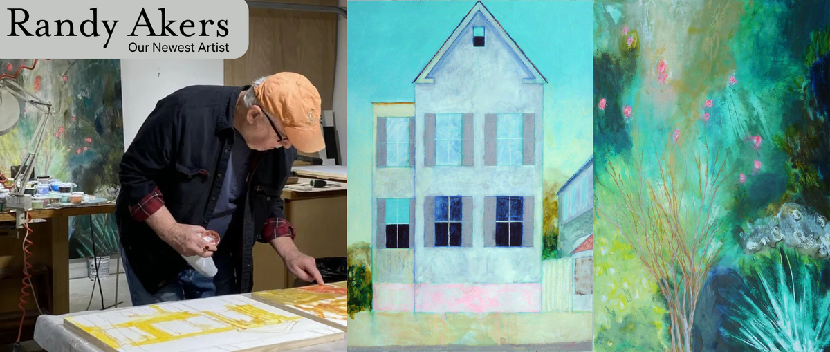 A promotional banner for Randy Akers, our newest artist, featuring a photo of the artist painting at his studio alongside two colorful paintings: a house and an abstract landscape.