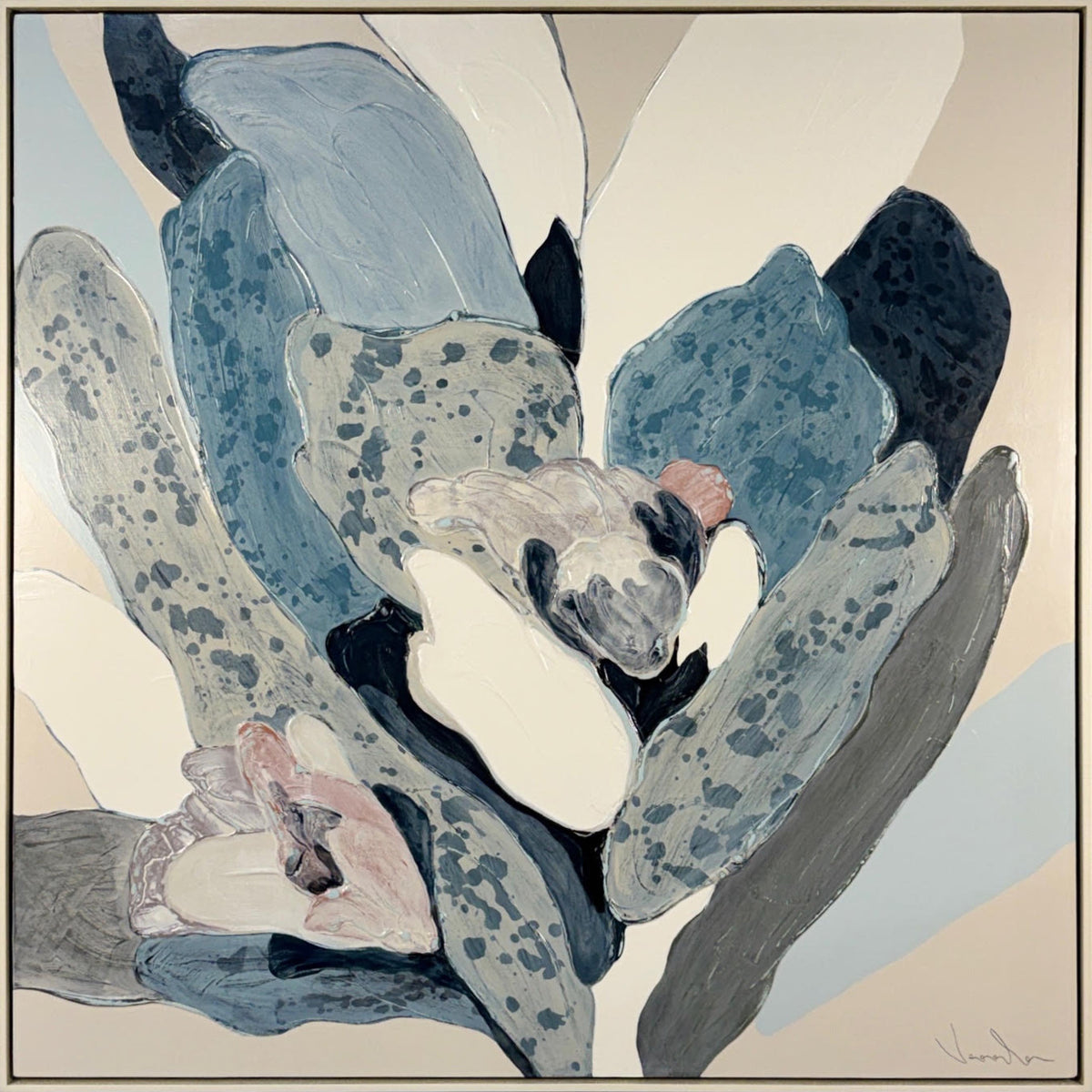 "Long Warm Days" 1, an original framed abstract botanical painting in blue and neutral tones by Vesela Baker.
