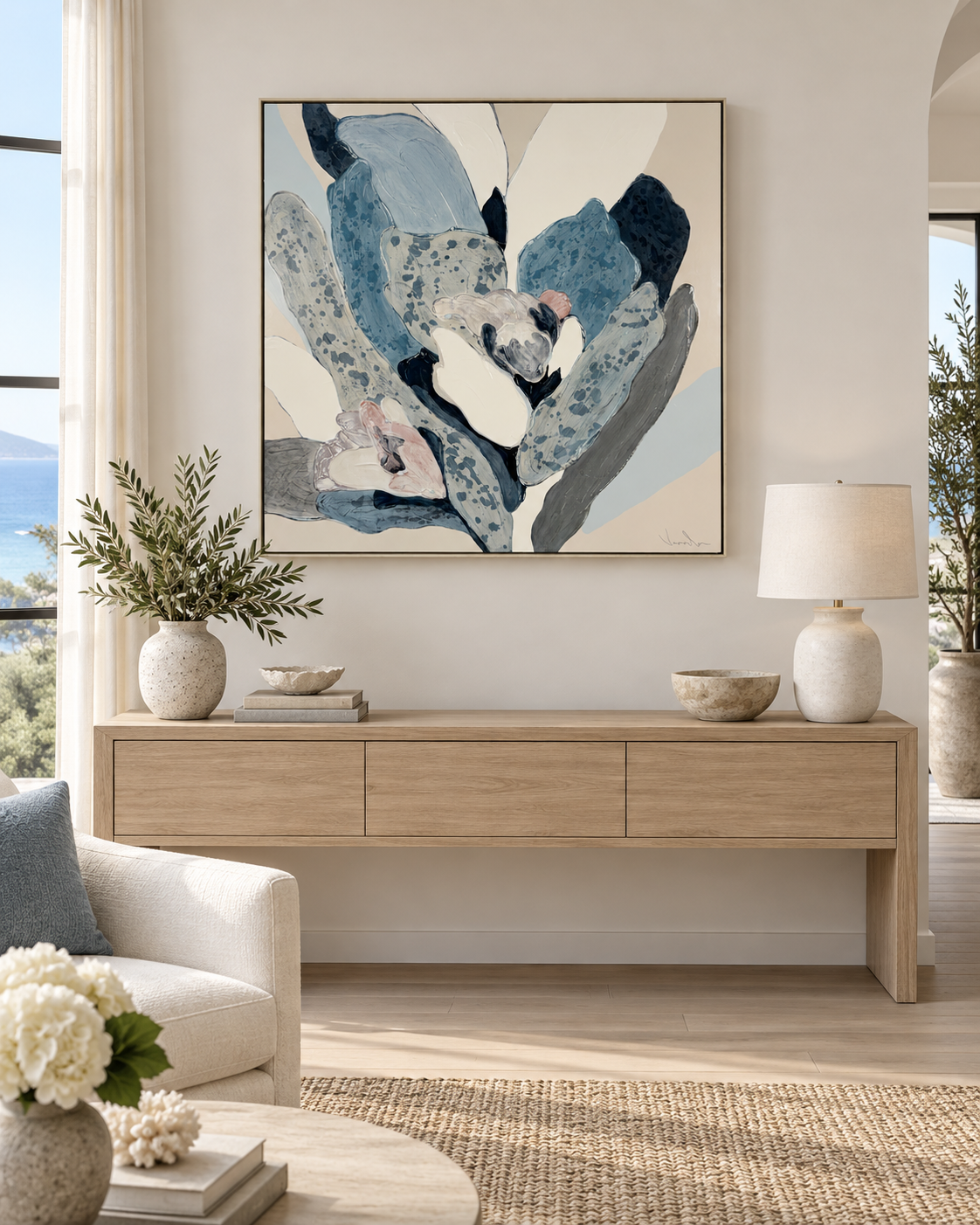 "Long Warm Days" 1, an original framed abstract botanical painting in blue and neutral tones by Vesela Baker.