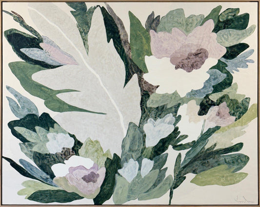 A large abstract floral painting titled "Long Warm Days" 4 by Vesela Baker, featuring green, white, and muted pink botanical shapes.
