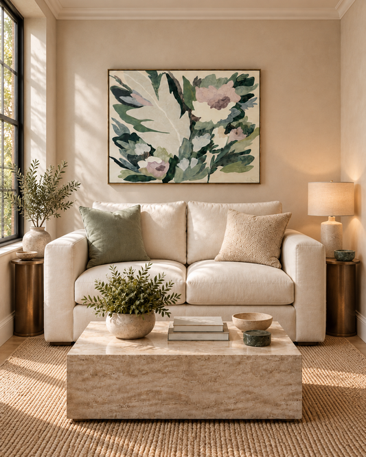 Interior room mockup showing the abstract floral painting "Long Warm Days" 4 by Vesela Baker hanging above a white living room sofa.