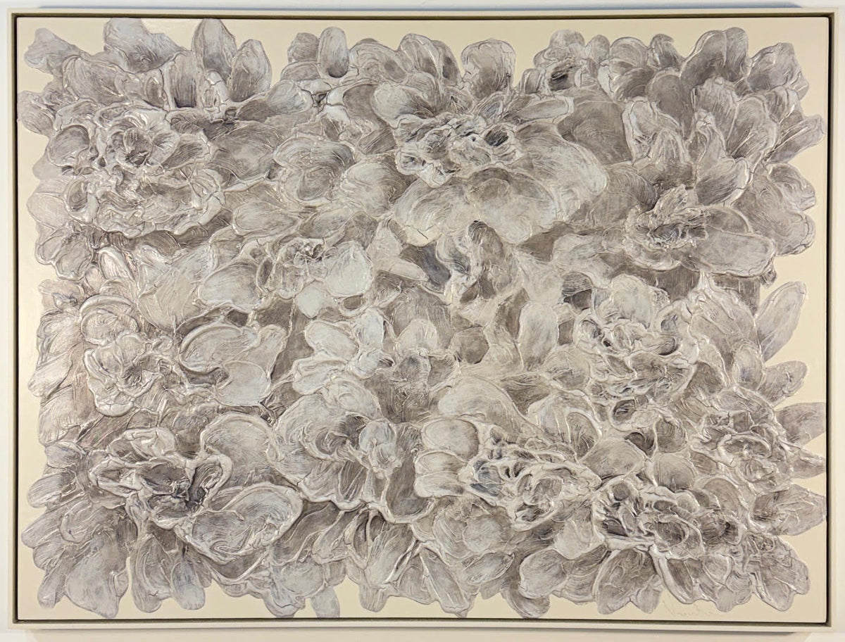 "Sun and Sand" 1, an original textured floral acrylic painting in white and beige tones by Vesela Baker.