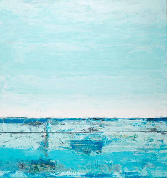 Abstract landscape painting, Viaggio #21, featuring a pale blue sky over a textured turquoise sea.