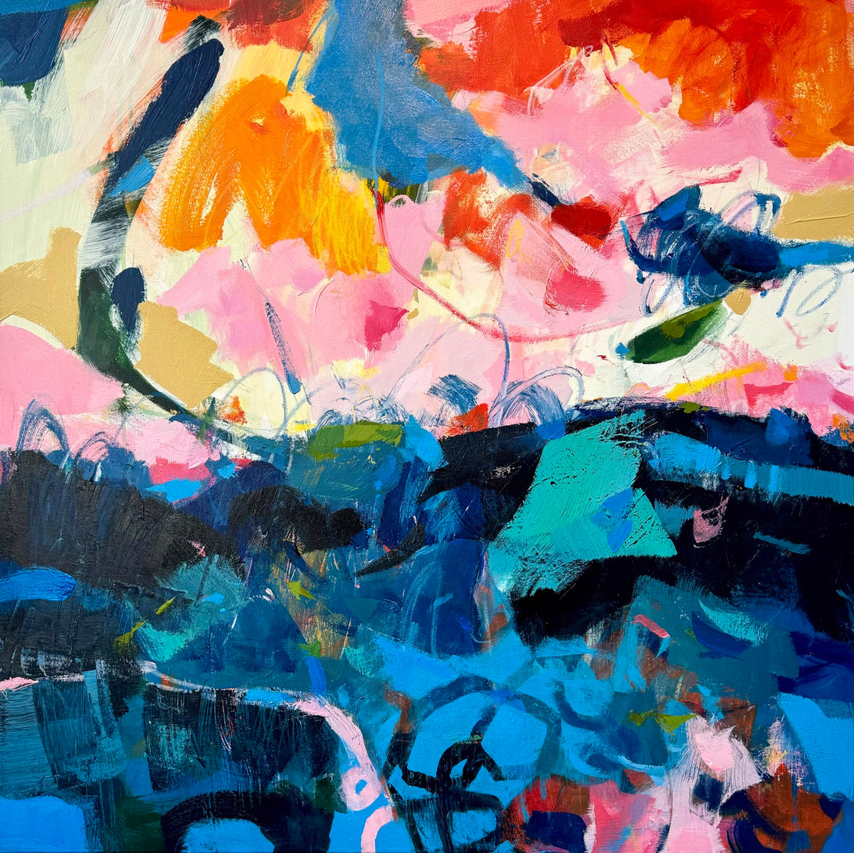 Vibrant abstract painting with a pink and orange upper half and blue lower half.