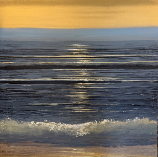 A painting of the ocean at sunset, featuring gentle waves and golden light reflecting on the water under a yellow-orange sky.