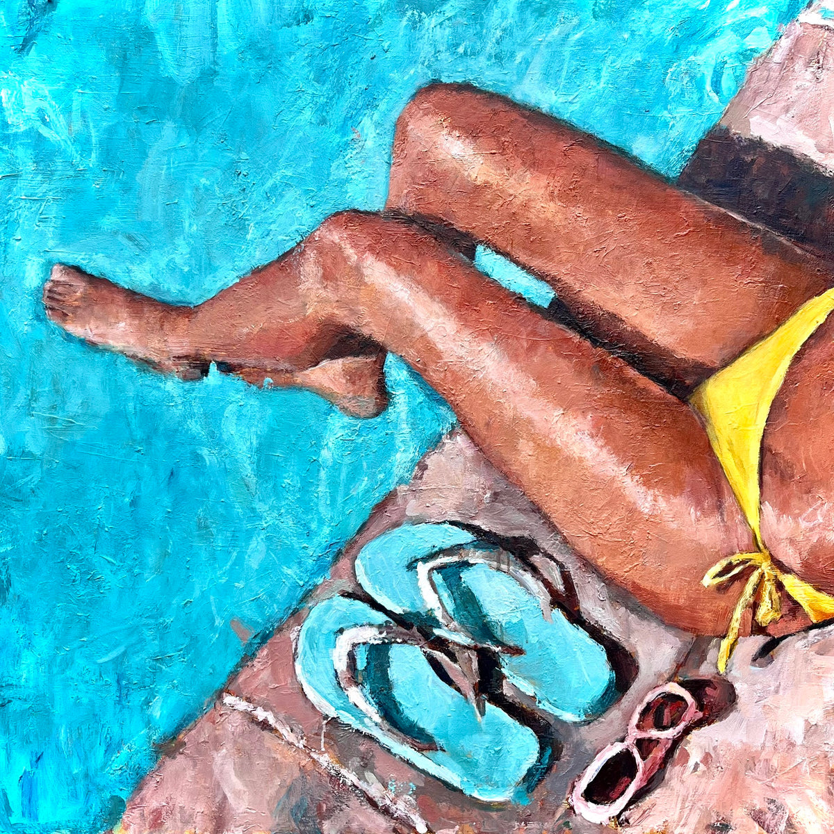 Woman in yellow bikini sits poolside with flip-flops and sunglasses nearby.