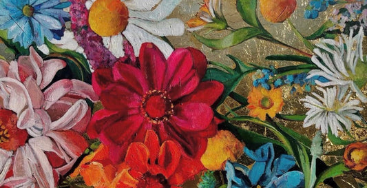 Colorful floral painting of layered blooms against a gold-leaf background.
