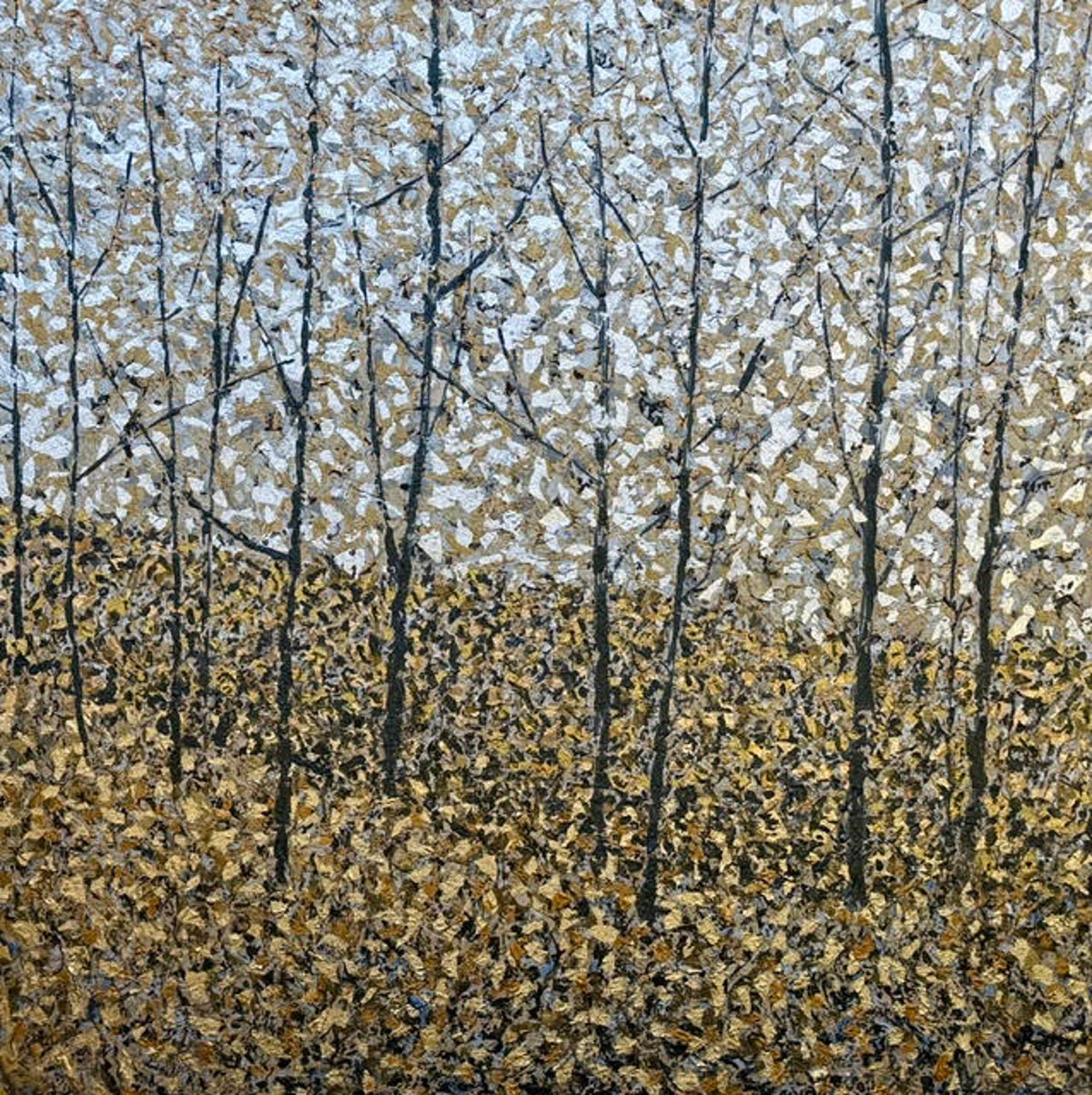 Textured mixed media painting depicting slender dark tree trunks amidst golden and silvery shimmering foliage.