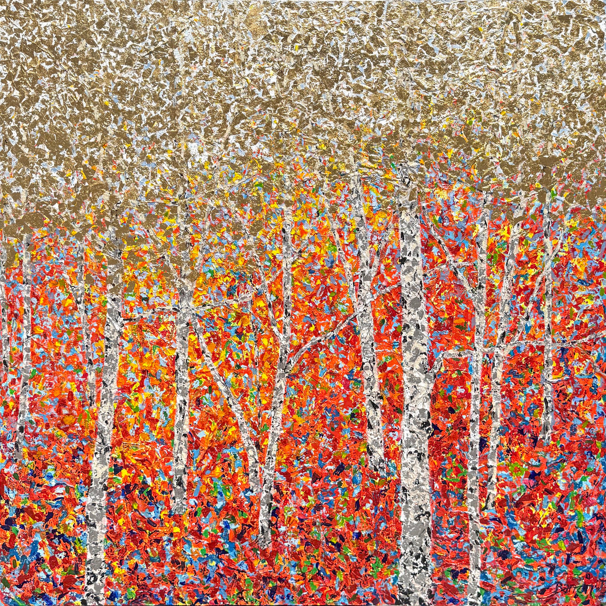 Vibrant textured painting of white birch trees among colorful autumn foliage.
