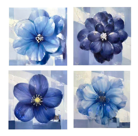 Four blue flowers with jeweled centers, each in a separate square frame.