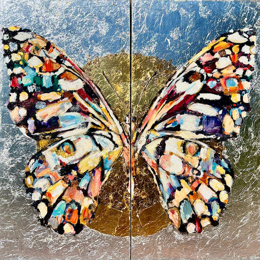 Abstract-patterned butterfly before gold circle on textured background.