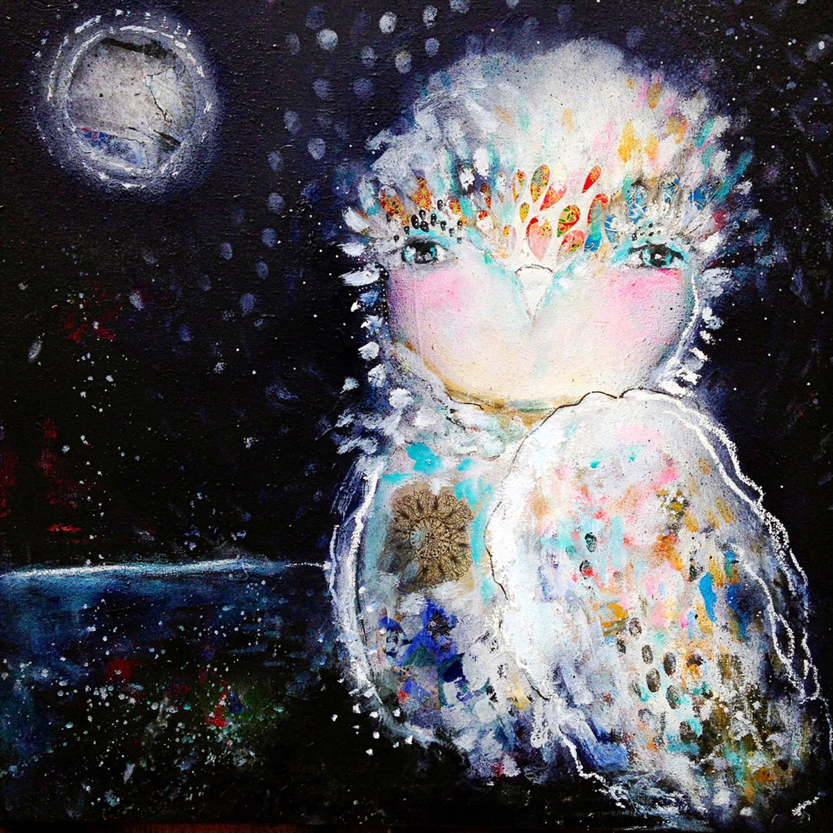 Colorful abstract painting of an owl against a dark starry sky with a large moon.