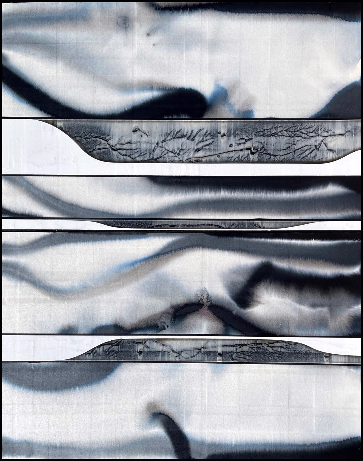 Abstract black and white painting with horizontal bands, organic flowing lines, and ghostly textures creating a layered, wavelike effect.