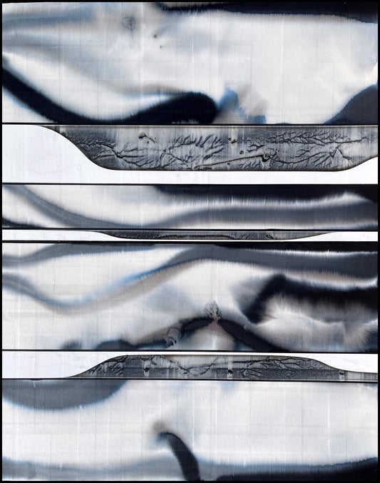 Abstract black and white painting with horizontal bands, organic flowing lines, and ghostly textures creating a layered, wavelike effect.