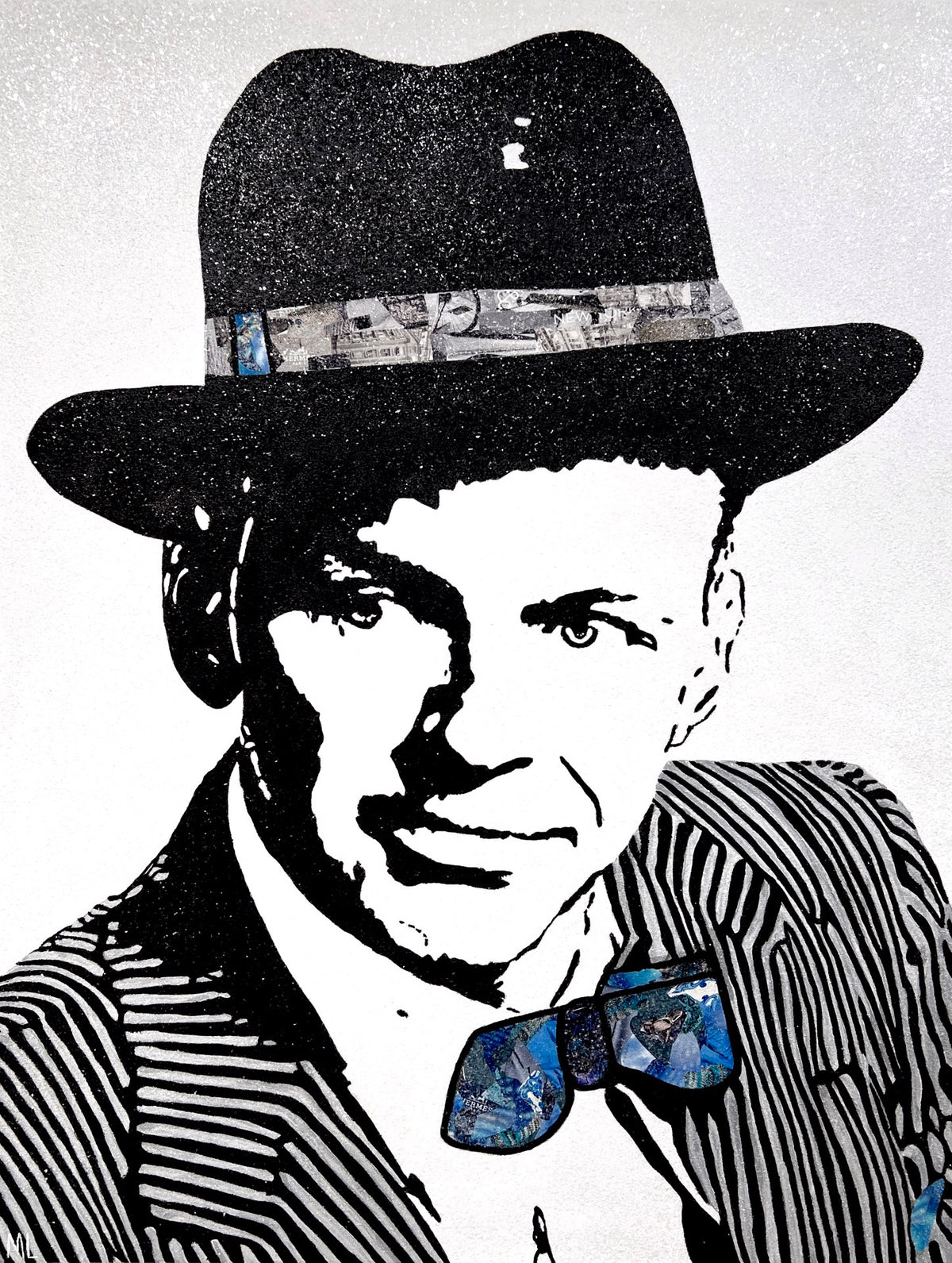 Pop-art portrait evoking Frank Sinatra in a fedora and pinstripe suit, with blue collage accents.