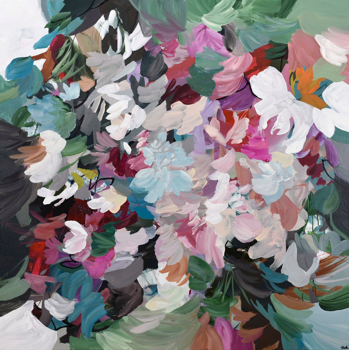 A vibrant, densely packed abstract floral painting utilizing dynamic strokes of green, purple, and blue.