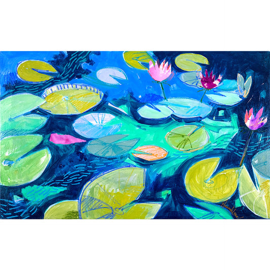 Painting of a pond with green lily pads and pink water lilies against a blue background.