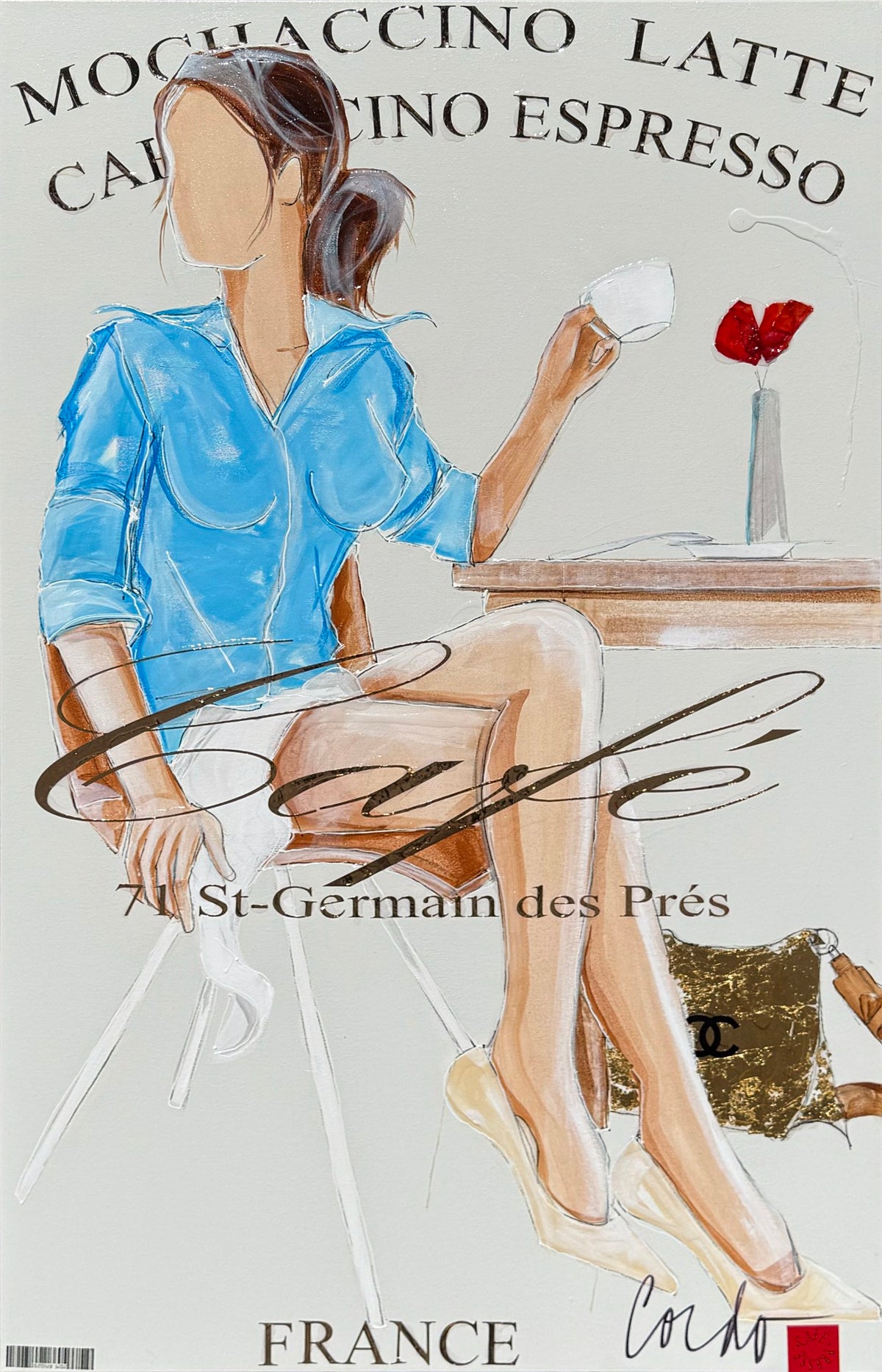 Illustration of a woman in a blue shirt seated with a coffee cup, with the words "Mochaccino Latte Cappuccino Espresso" and "France St-Germain des Prés" in the background.