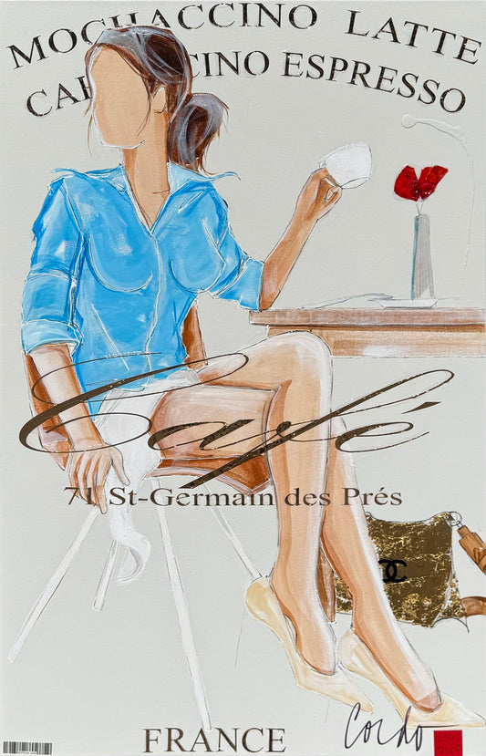 Illustration of a woman in a blue shirt seated with a coffee cup, with the words "Mochaccino Latte Cappuccino Espresso" and "France St-Germain des Prés" in the background.