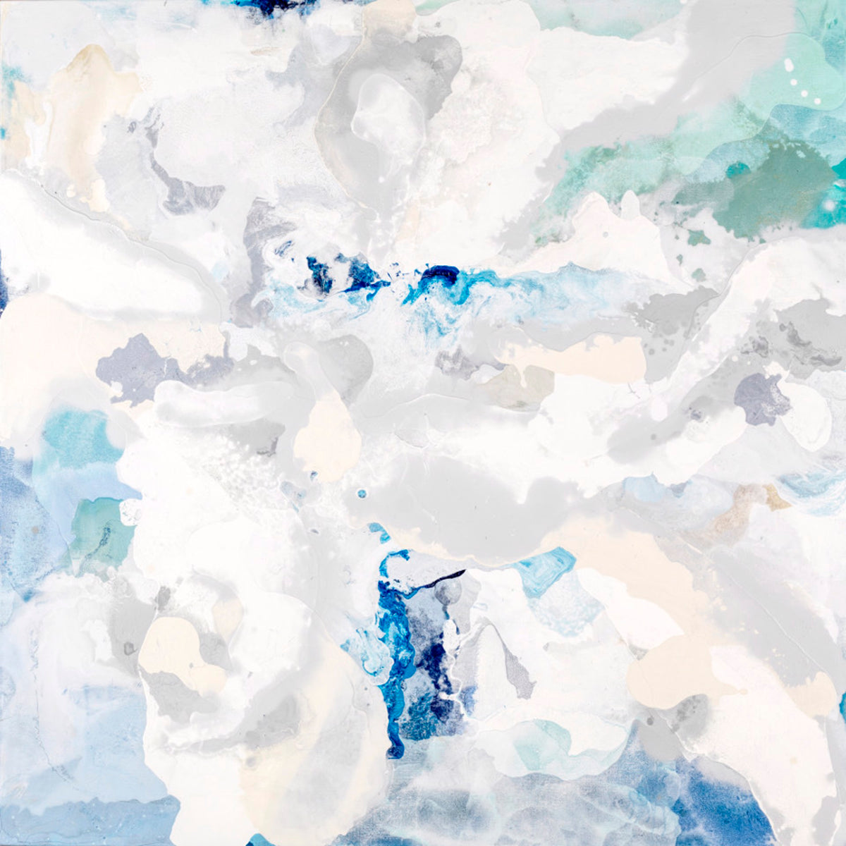 Abstract fluid art painting featuring swirling organic shapes in white, gray, light blue, and navy.