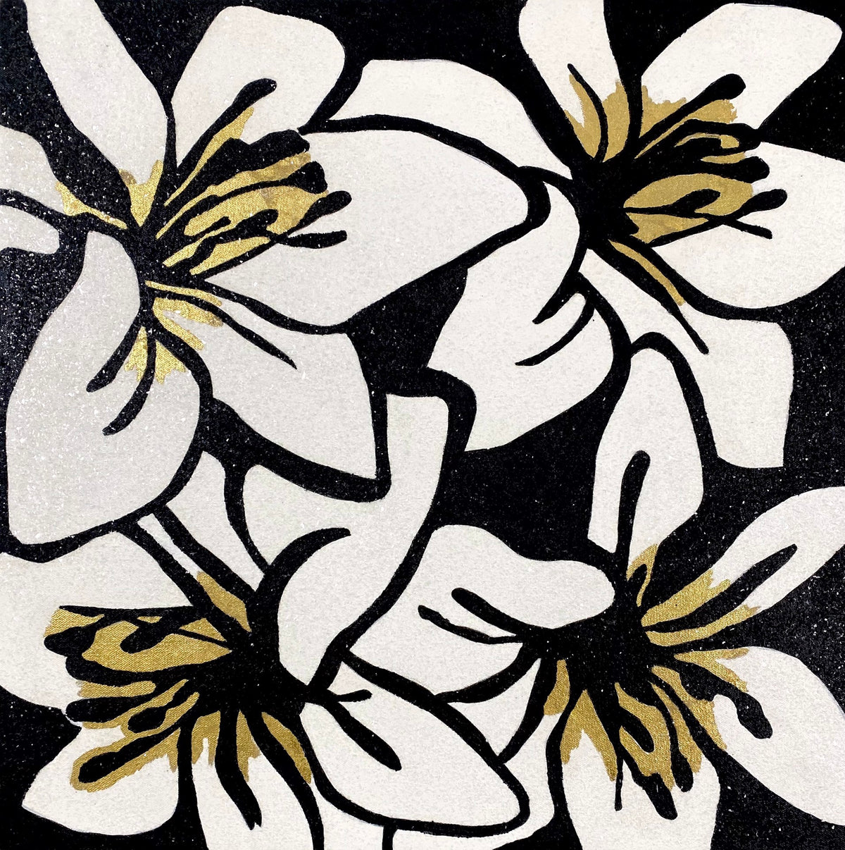 A graphic illustration of four white lilies with black outlines and gold accents on a black background.