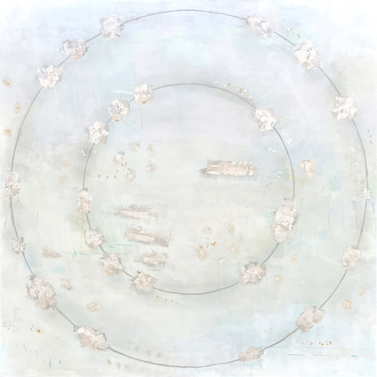 Abstract painting with circular lines and white floral shapes on a light blue background.