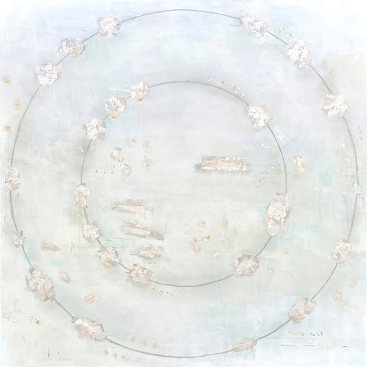 Abstract painting with circular lines and white floral shapes on a light blue background.
