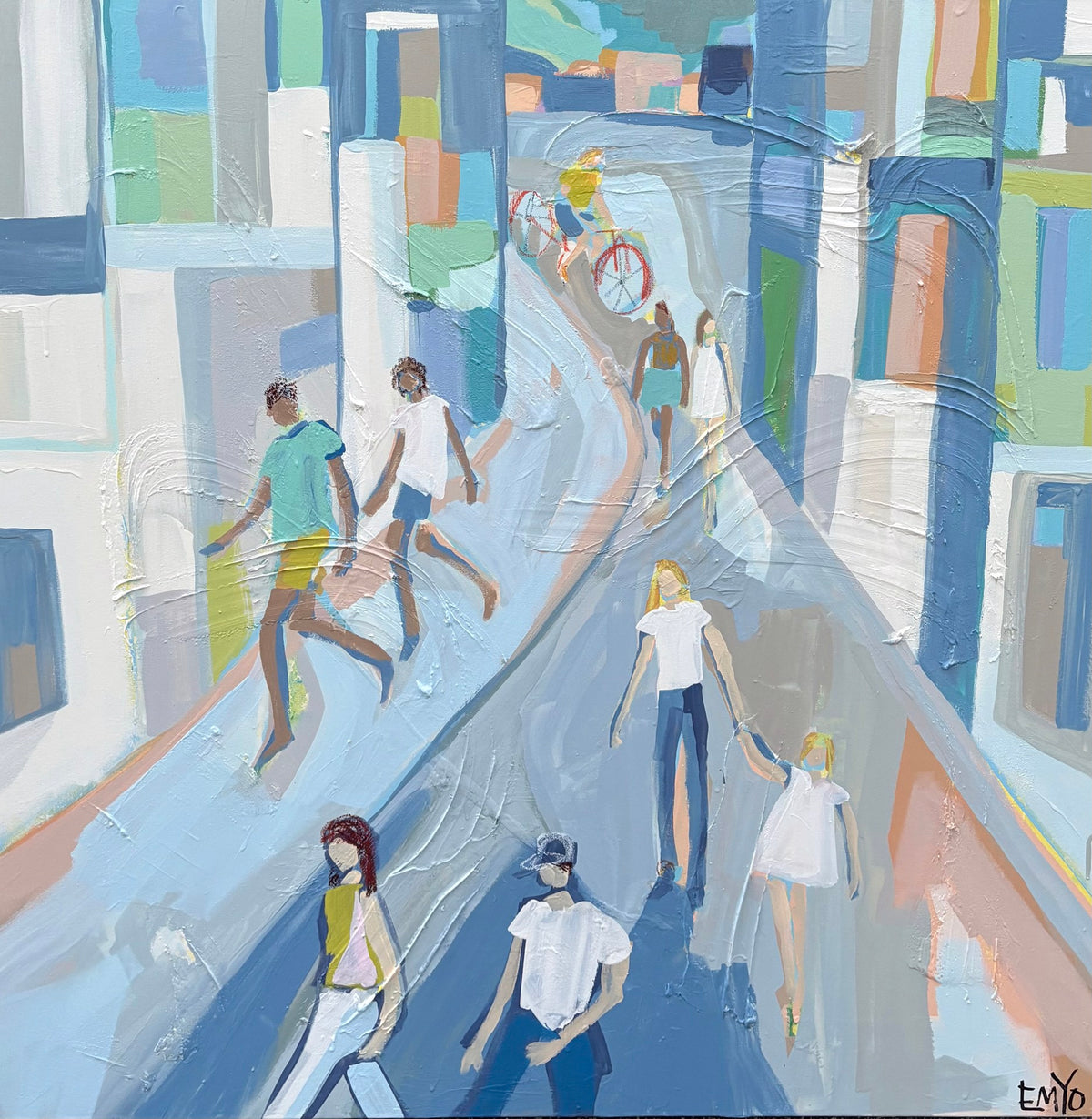 A colorful abstract painting of people walking along a street, with buildings on either side and a person riding a bike in the background.