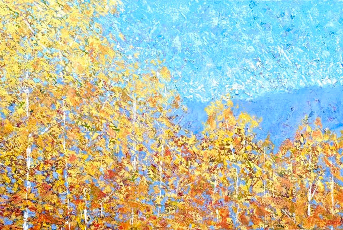 Impressionistic landscape painting featuring vibrant golden and orange autumn trees under a clear blue sky.