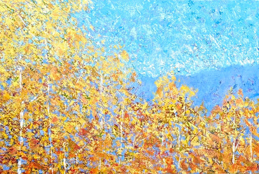Impressionistic landscape painting featuring vibrant golden and orange autumn trees under a clear blue sky.