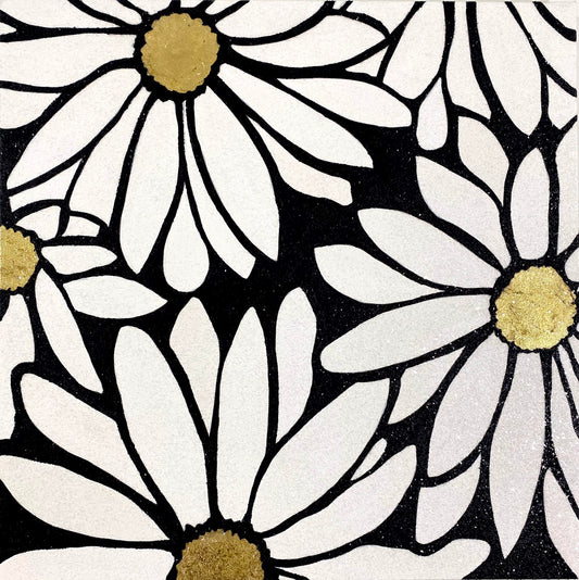 A pattern of large white daisies with yellow centers and black outlines fills the image, set against a black background.