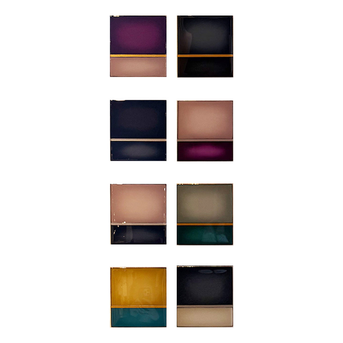 Set of eight abstract color-field paintings, each split into two horizontal bands.