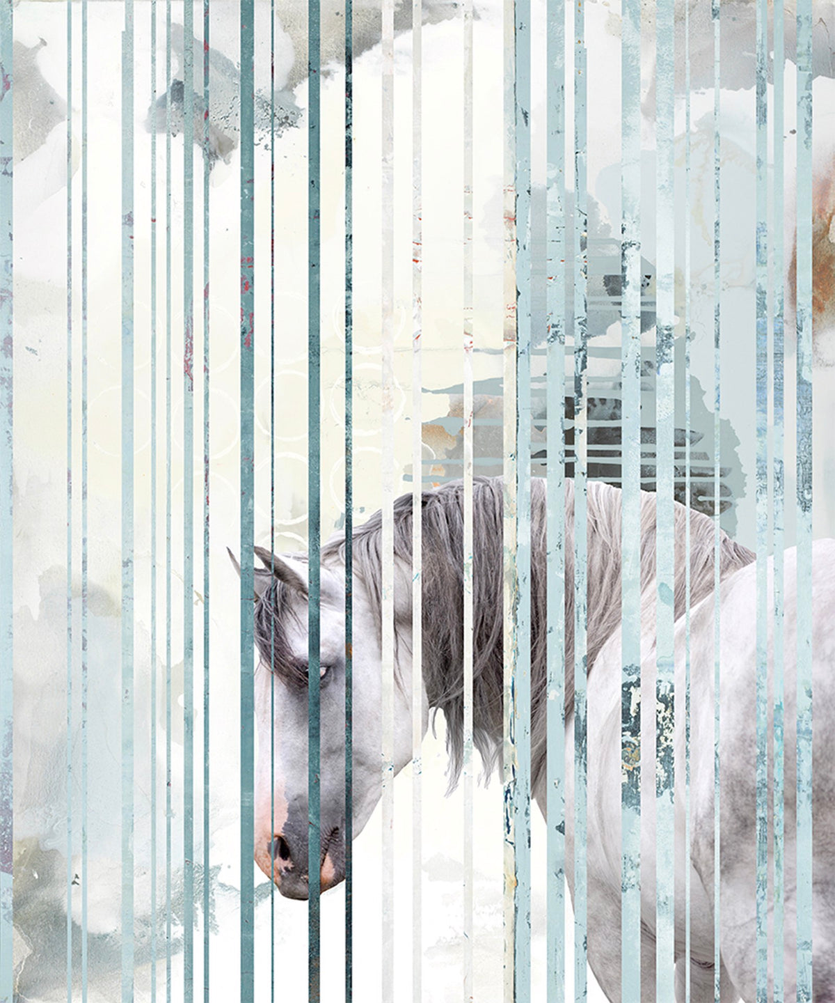 Abstract artwork of a white horse looking left, layered with textured, vertical stripes in soft blues and beiges over a painterly background.