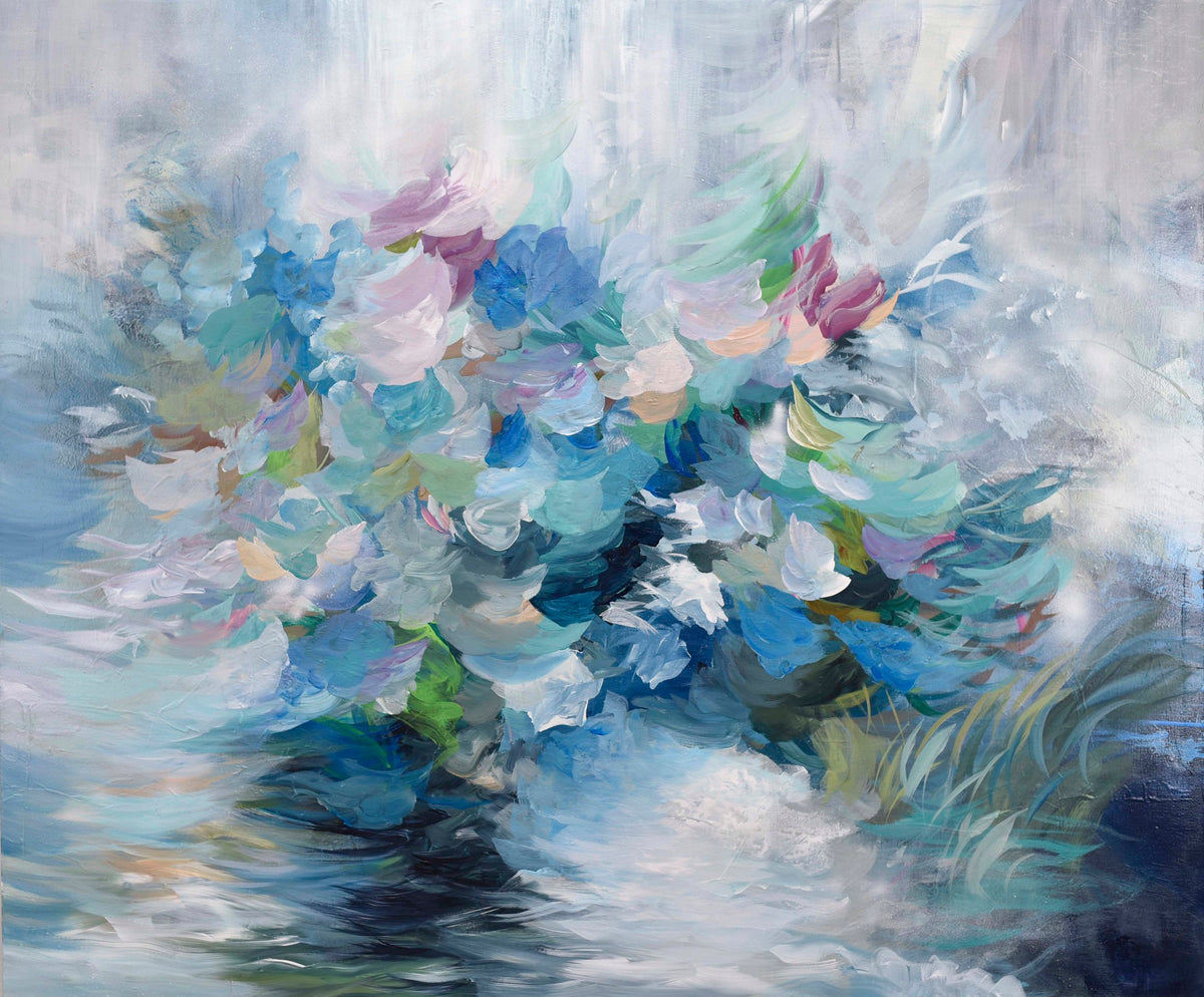 This abstract painting resembles a blooming floral arrangement using blue, teal, white, and purple shades.