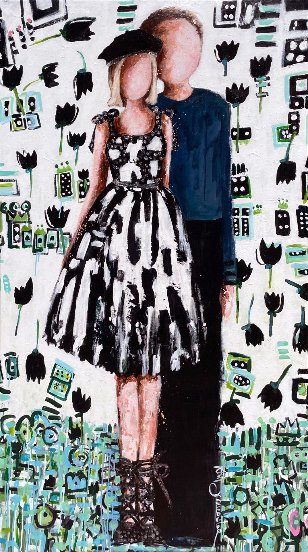 A stylized painting of two faceless figures, one in a patterned dress and beret, the other in a blue sweater, standing against a background of black floral and geometric shapes.