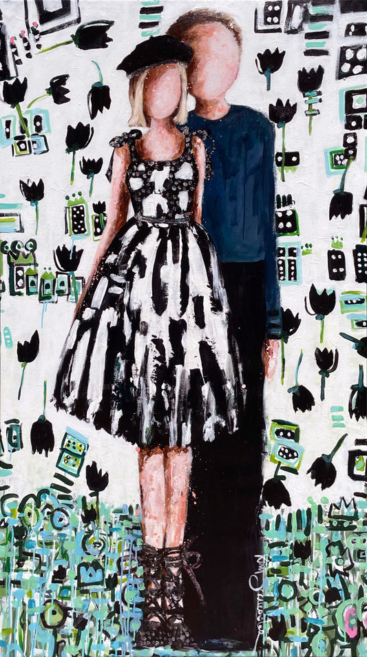 A stylized painting of two faceless figures, one in a patterned dress and beret, the other in a blue sweater, standing against a background of black floral and geometric shapes.