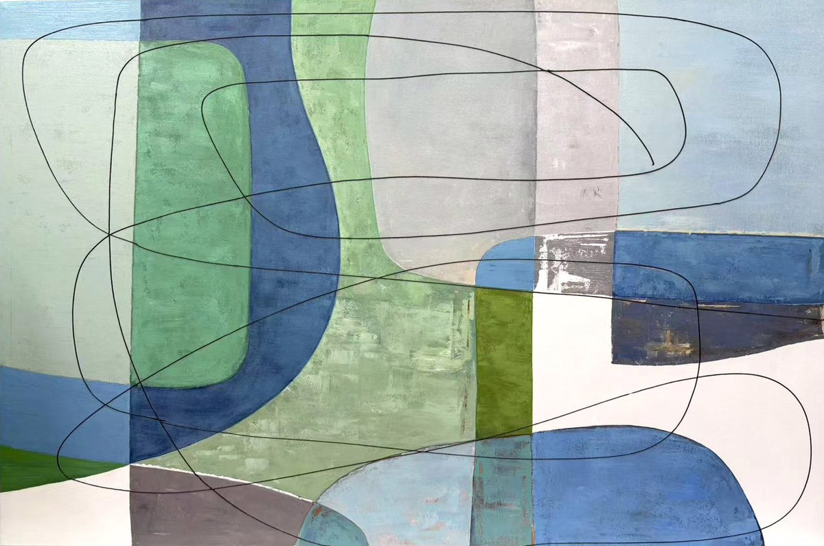 Abstract contemporary painting featuring curved blue and green shapes overlaid with thin looping black lines.