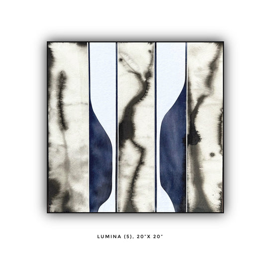 Abstract painting of vertical panels with navy shapes and black ink washes on white.