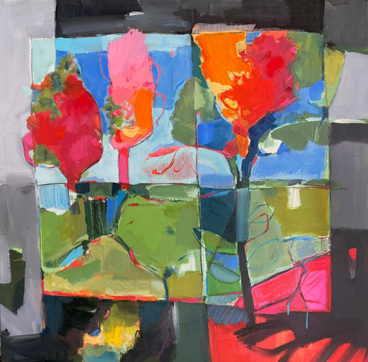 Abstract landscape painting of colorful trees in red, pink, and orange over green.