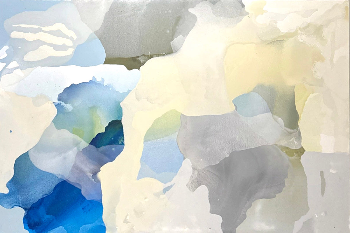 Abstract artwork featuring fluid, overlapping organic shapes in shades of blue, grey, and creamy white.