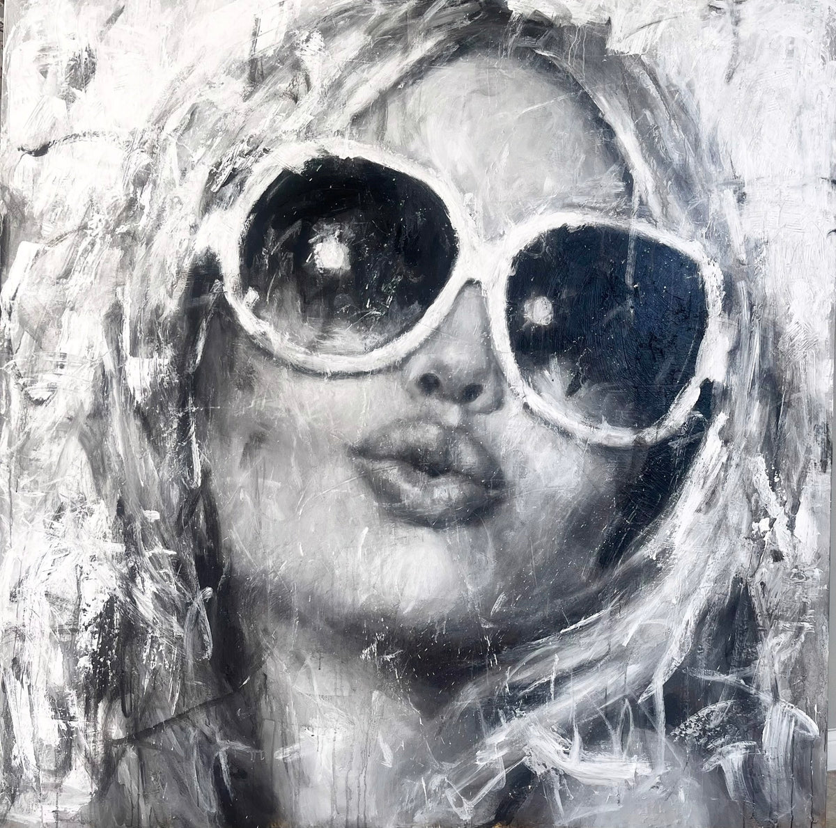 Black-and-white expressive painting of a woman in large round sunglasses.