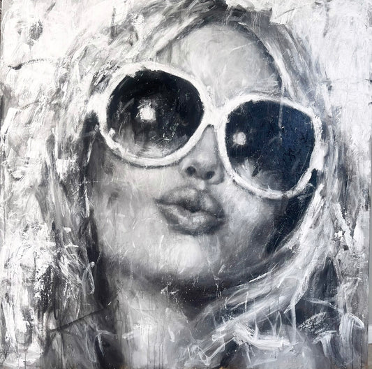 Black-and-white expressive painting of a woman in large round sunglasses.