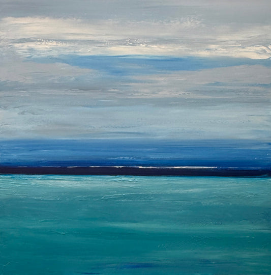 Abstract seascape with turquoise water, dark blue horizon, and cloudy blue-gray sky.
