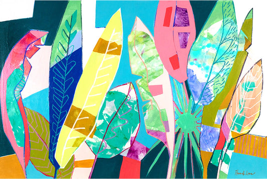 Colorful abstract painting of leaves with bold shapes and bright colors.